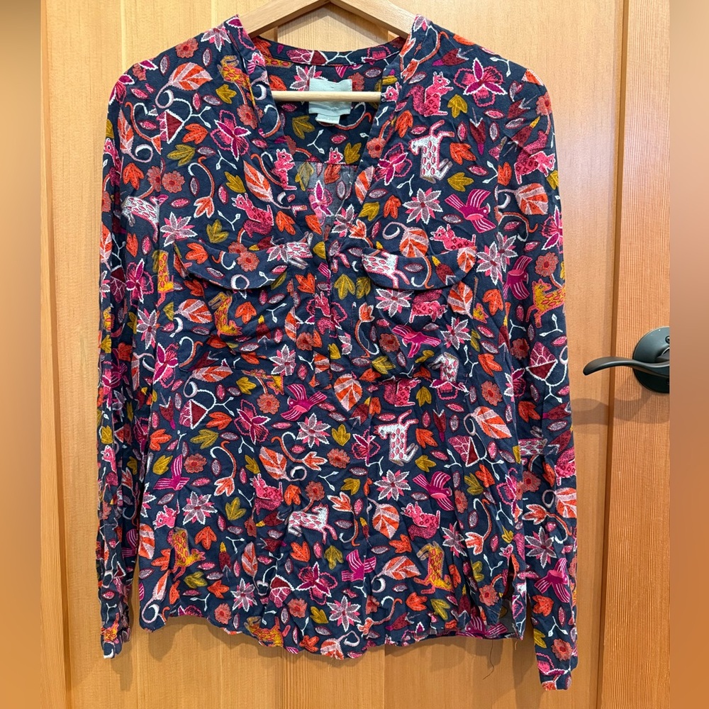 Maeve Women's Floral Button-Front Blouse - Navy with Pink & Orange Floral Print